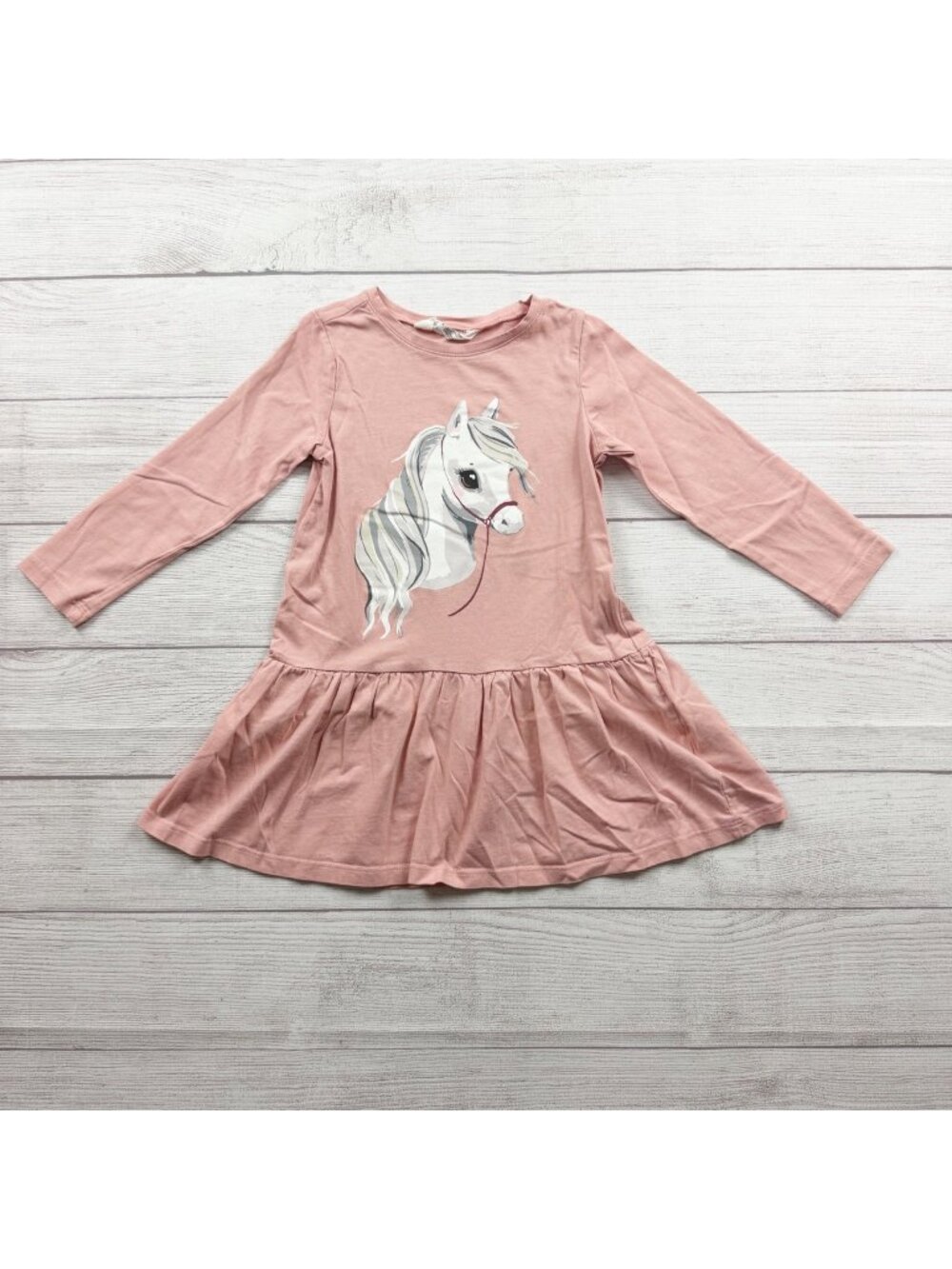 H&M Girls Pink Long Sleeve Peplum Tunic Dress Horse Graphic 100% Cotton 5T